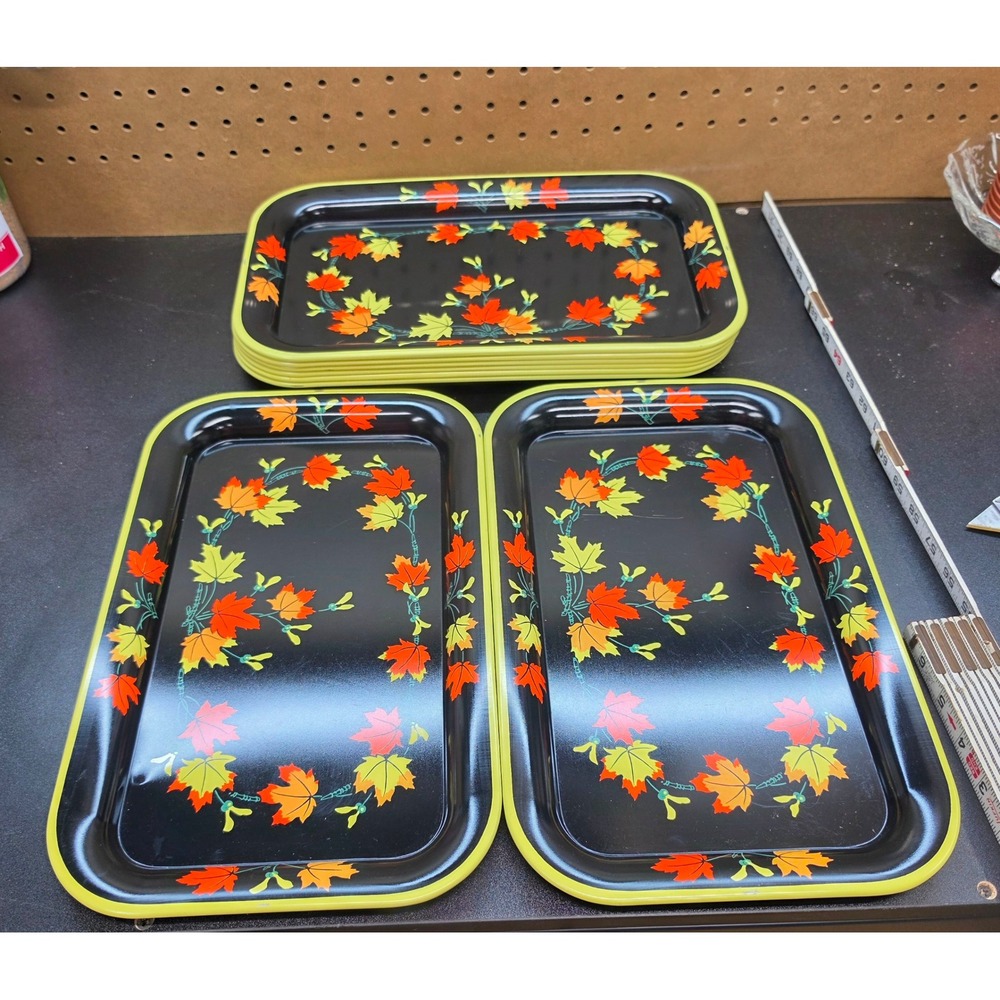 Vintage Metal Lap Trays Set of 8 Autumn Maple Leaf Black Tin Serving Trays